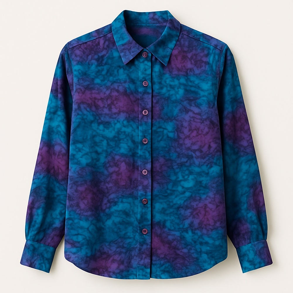 Petite Sophisticate 100% Silk Abstract Button Down Blouse – Purple/Teal